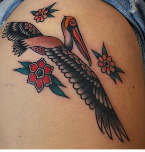 Flying Pelican Tattoo, Pelican Tattoo, Tattoo Colors, Pelican Case, Tattoo Reference, Tattoo Color, About Tattoo, American Traditional Tattoo, American Traditional