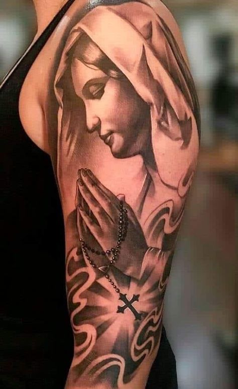 Madonna Tattoo, Stairway To Heaven Tattoo, Religious Tattoo Sleeves, Holy Tattoos, Mother Mary Tattoos, Maria Tattoo, Heaven Tattoos, Christ Tattoo, Christian Sleeve Tattoo