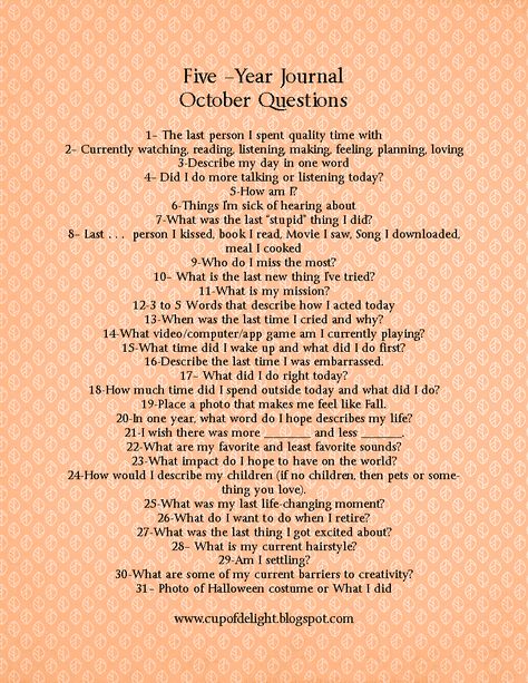 5 Year Journal Questions, 5 Year Journal Prompts, October Journal, 5 Year Journal, Journal October, Prompt Ideas, Year Journal, Journal Questions, Art Journal Prompts