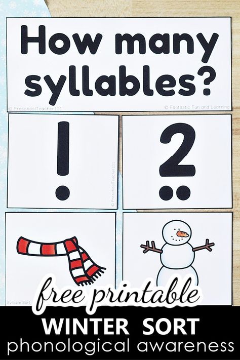 Winter Syllable Sort - Fantastic Fun & Learning How To Teach Syllables In Preschool, Winter Literacy Activities Kindergarten, Winter Activities For Kindergarten Free, Free Printable Prek Worksheets, Winter Alphabet Activities, Phonological Awareness Activities Prek, Prek Worksheets Free Printables, Winter Activities Kindergarten, Winter Centers Kindergarten