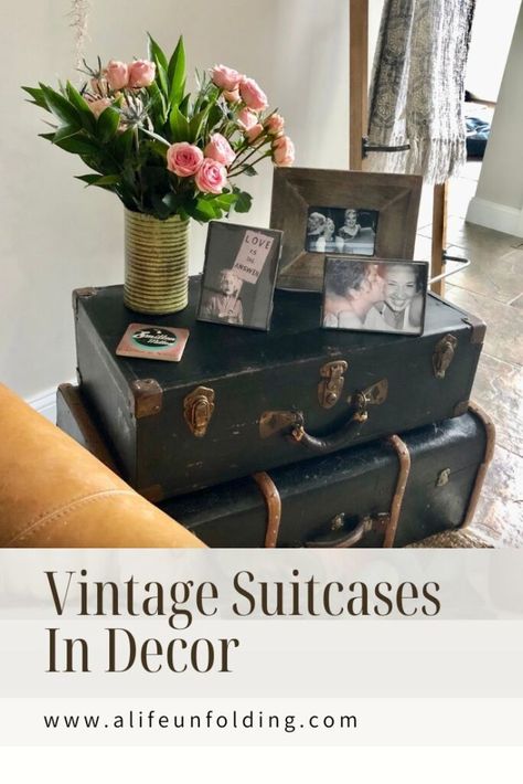 Vintage Suitcases Decor, Decorating With Vintage Suitcases, Decorating With Suitcases, Ideas For Vintage Suitcases, Old Suitcase Ideas Repurposed, Diy Vintage Suitcase Ideas, How To Paint A Vintage Suitcase, How To Decorate With Old Suitcases Vintage Luggage, Painted Vintage Suitcases