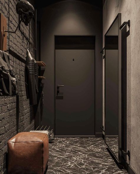 Mancave Interior Design, Mancave Interior, Industrial Hallway, Design Hall, Black Interior Design, Home Hall Design, Attic Apartment, Hallway Design, Loft Interiors