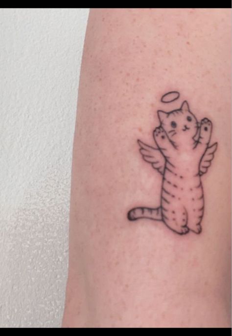 Cat Angel Wings Tattoo, Angel Kitty Tattoo, Tattoo Ideas Cat In Memory Of, Cat In Heaven Tattoo, Cat Memorial Tattoo Ideas, Cat With Angel Wings Tattoo, Tattoos For Cats That Passed, Cat With Wings Tattoo, Cat Angel Tattoo