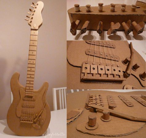 Diy Electric Guitar Cardboard, Cardboard Electric Guitar, Cardboard Props Diy, Cardboard Guitar, Cardboard Art Sculpture, Cardboard Props, Diy Electric Guitar, Creative School Project Ideas, Guitar Diy