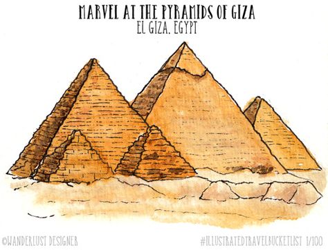 Marvel at the Pyramids of Giza - Illustrated Travel Bucket List by Wanderlust Designer Pyramid Of Giza Architecture Drawing, Egypt Architecture Drawing, How To Draw Pyramids, Pyramids Egypt Drawing Egyptian Art, History Drawings Ideas Easy, Pyramids Of Giza Drawing, Pyramid Of Giza Drawing, Pyramids Egypt Aesthetic, Pyramids Drawing