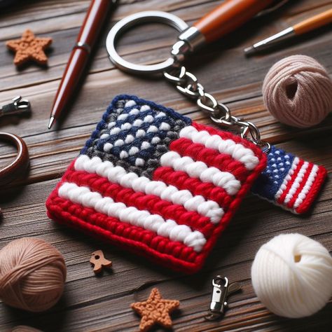 Crochet a patriotic keychain with an American flag design. Perfect for keys or bags, detailed step-by-step tutorial included. Crochet Keychain Patterns, American Flag Keychain, Keychain Patterns, Crochet Keychains, Keychain Pattern, Keychain Craft, American Flag Design, Crochet Keychain Pattern, Crochet Wedding