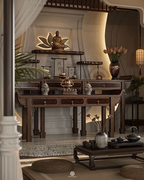 INDOCHINE - WORSHIP ROOM Chinese Living Room Design, Worship Room, 3d Practice, Chinese Living Room, Chinese Interior Design, Indochine Interior, Indochine Style, Chinese Interior, Adobe Photoshop Lightroom