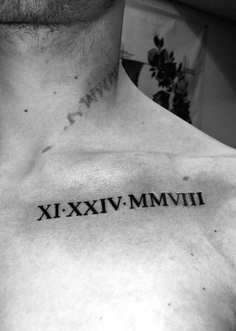 Chest Tattoo Roman Numerals, Roman Numeral Tattoo Font, Roman Numerals Tattoo, Numerals Tattoo, Roman Numbers Tattoo, Collar Bone Tattoo For Men, Roman Tattoo, Roman Numeral Tattoo, Numeral Tattoo