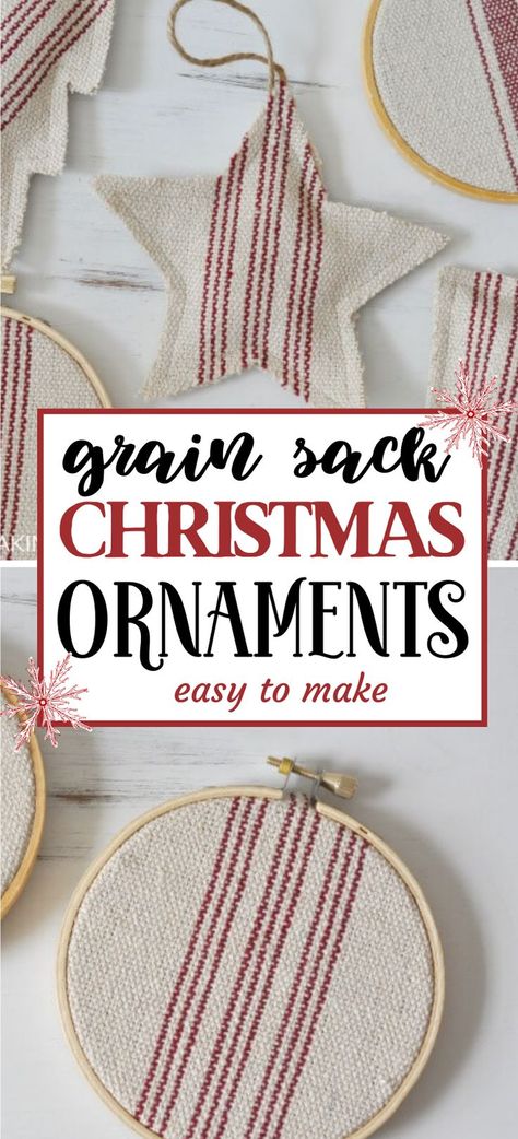 easy grain sack Christmas ornaments with red stripes with text overlay that says grain sack Christmas ornaments easy to make Primitive Christmas Ornaments To Make Easy Diy, Scrap Fabric Ornaments, Diy Primitive Christmas Decor, Diy Primitive Christmas, Diy Primitive Christmas Ornaments, Fabric Ornaments Diy, Christmas Embroidery Patterns Free, No Sew Christmas Ornaments, Diy Rustic Christmas Ornaments