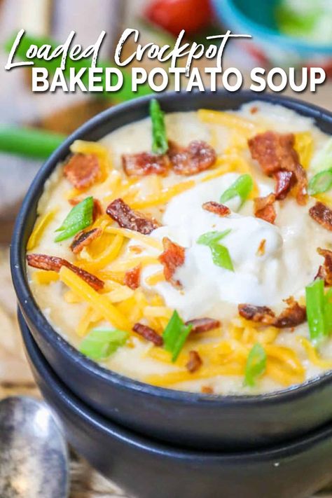 This loaded baked potato soup is made in the crockpot and THE BEST soup for cold weather! It is an easy slow cooker recipe for soup that is filling and delicious! Loaded with baked potatoes, broth, cheese, bacon, sour cream and chives, you get all the flavor of a loaded baked potato in this cozy soup recipe. It is the perfect fall or winter soup recipe but also great for football food that feeds a crowd. Make for a weeknight recipe, or set the crockpot potato soup up as a bar w all the toppings! Crockpot Loaded Baked Potato, Crockpot Loaded Potato Soup, Baked Potato Soup Crock Pot, Recipe For Soup, Loaded Baked Potato Soup Recipe, Crockpot Potato Soup, Crockpot Potato, Baked Potato Soup Recipe, The Best Soup