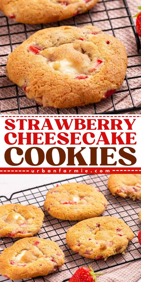 These strawberry cheesecake cookies combine sweet strawberries and creamy cheesecake in one go. They are convenient, delicious and ready in under 30 minutes! Vegetarian Cookie Recipes, Strawberry Cheesecake Cookies, Easy Holiday Baking, Easy Strawberry Desserts, Easy Strawberry Cheesecake, Amazing Cookie Recipes, Cheesecake Cookie, Desserts With Few Ingredients, Strawberry Cheesecake Recipe