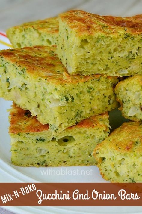 Easy, mix-n-bake recipe for Zucchini and Onion Bars. Perfect for picnics, brunch, side dish or just a delicious quick savory snack (serve warm or cold) Zucchini Appetizer Recipes, Zucchini Quiche Recipes, Zucchini Bars, Zucchini Appetizer, Recipe For Zucchini, Zucchini Recipes Baked, Easy Zucchini Bread, Veggie Pies, Zucchini Side Dishes