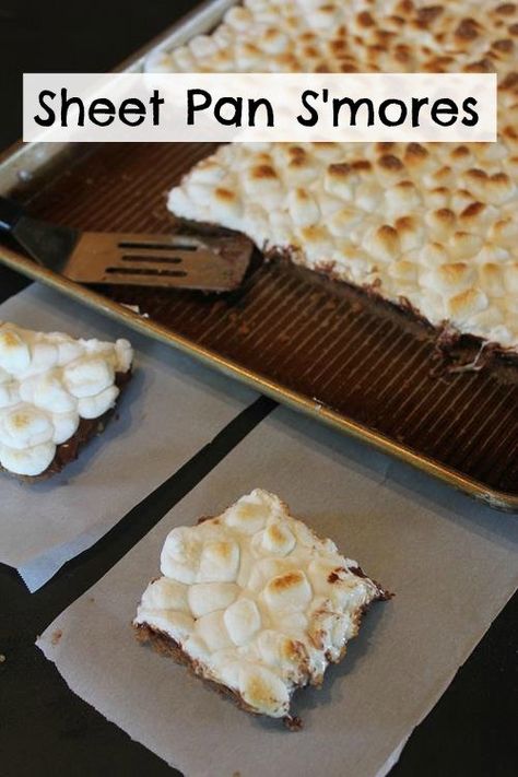 Smores Sheet Pan, Sheet Pan S’mores, S’mores Sheet Pan, Sheet Pan Desserts Simple, Sheet Cake Desserts For A Crowd, Sheet Pan Smores, Easy Sheet Pan Desserts, Sheet Pan Desserts For A Crowd, Sheet Pan Bars