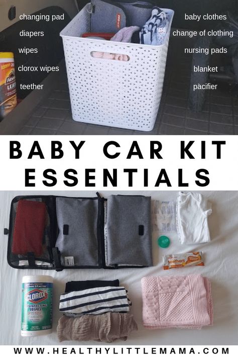 I keep a baby car kit in the trunk of my car by the emergency road assistance kit and jumper cables. Use what works for you but here is a list to help Car Kit Essentials, Nursery Tips, Clorox Wipes, Moby Wrap, Baby Life Hacks, Newborn Hacks, Baby Changing Pad, Disinfecting Wipes, Baby Sleep Problems