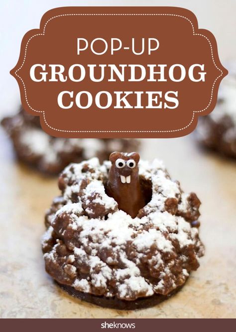 Chocolate Punxsutawney Phil pops up from his cookie mound in the cutest-ever Groundhog Day recipe Groundhog Day Food Dinners, Groundhog Day Treats For Kids, Groundhog Day Dinner Ideas, Groundhog Day Desserts, Groundhog Desserts, Groundhog Day Cookies, Groundhog Day Treats, Groundhog Day Snacks, Groundhog Cookies