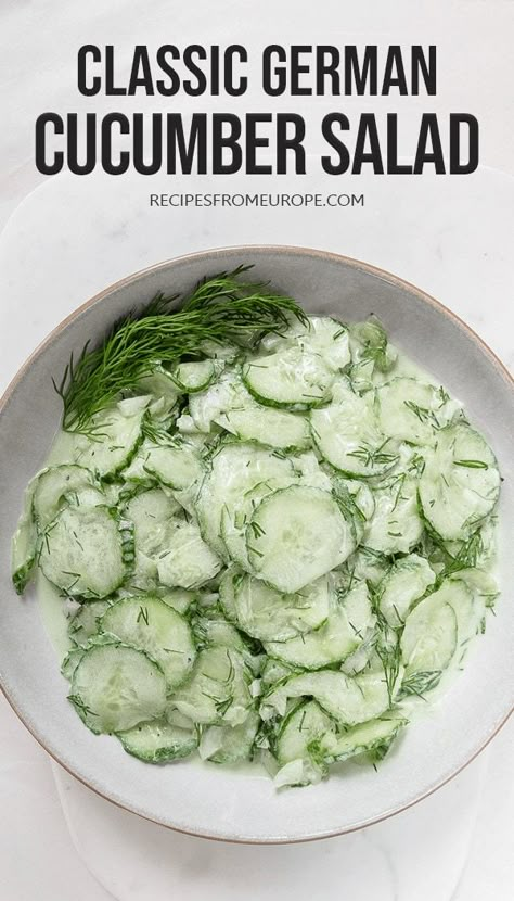 Looking for a cucumber salad recipe that is easy to make? This German cucumber salad with fresh dill is the perfect cold side dish and easy to prepare! #cucumbersalad #saladrecipes #germanrecipes Austrian Cucumber Salad, German Side Dishes Easy, Germany Recipes, Edible Greens, German Meals, German Salads, German Side Dishes, Easy German Recipes, German Cucumber Salad