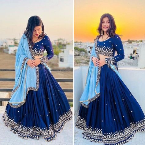 Chaniya Choli Design For Wedding, Blue Color Chaniya Choli, Navy Blue Colour Lehenga, Blue Colour Lengha, Blue Shade Lehenga, Trending Indian Outfits For Wedding 2023, Dark Blue Chaniya Choli, Dark Blue Lehenga Combination, Marriage Chaniya Choli