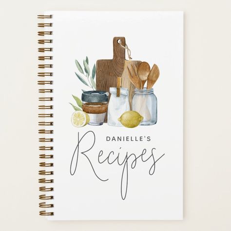 Watercolor Kitchen Supplies Personalized Notebook Zazzle Recipe Notebook Ideas, Watercolor Cookbook, Recipe Book Cover Design, Cooking Watercolor, Watercolor Kitchen, Recipe Book Covers, Recipe Notebook, Recipe Book Templates, Book Templates