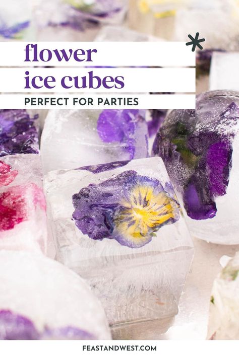 Flower ice cubes are the prettiest way to dress up drinks! Freeze edible flowers in ice cube trays for a beautiful effect. Great for parties! Punch For A Crowd, Recipes For Gatherings, Flowers In Ice, Fancy Ice Cubes, Floral Ice Cubes, Flower Ice Cubes, Flavored Ice Cubes, Fancy Water, Fancy Ice