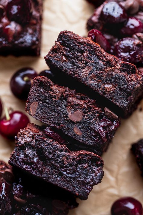 Chocolate Cherry Brownies, Roasted Cherries, Cherry Brownies, Roasted Cherry, Cherry Recipes, Fresh Cherries, Think Food, Fudgy Brownies, Chocolate Cherry