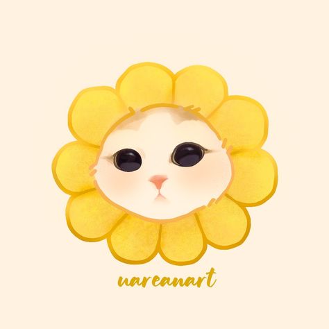 White cat wearing a Sunflower hat Flower Cat Drawing, Cat Holding Flowers Drawing, Yellow Cat Drawing, Frederic Chen, Sunflower Cartoon, Cat Illust, Hat Illustration, Sunflower Hat, Smelling Flowers