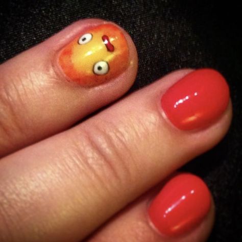 Calcifer Nail Art, Howls Moving Castle Nails Simple, Howls Moving Castle Nail Design, Howls Moving Castle Nail Art, Calcifer Nails, Ponyo Nails, Howls Moving Castle Nails, Uñas Skz, Castle Nails