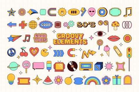 Groovy Elements Collection, Objects, Icons ft. groovy & pop - Envato Elements Groovy Elements, Basketball Doodle, Doodle Illustration, Retro Pop, Ui Elements, Envato Elements, Retro Design, Icon Design, Vector Illustration