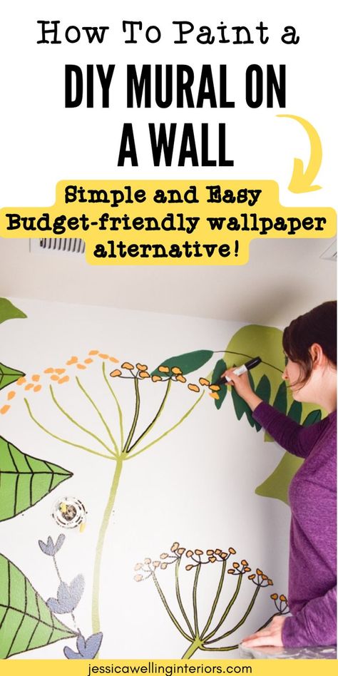 Learn how to paint a mural the easy way with this simple tutorial. This DIY accent wall is a great and budget-friendly wallpaper alternative! Simple Girls Bedroom, Tile Stencils Diy, Girls Bedroom Mural, Wall Murals Painted Diy, Garage Door Mural, Creative Wall Decor Ideas, Wall Art Cheap, Paint A Mural, Wallpaper Birds