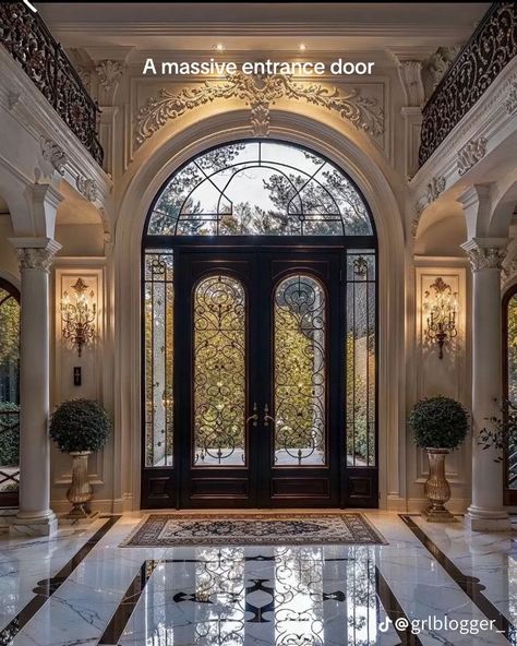 Luxury Door Design Entrance, Mansion Front Door, Mansion Entryway, Grand Staircase Entrance, Old Money Interior Design, Old Money Interior, Tiling Ideas, Grand Entry, Neoclassical Design