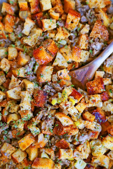 Apple And Sausage Stuffing, Make Ahead Sausage Stuffing, Sausage Sage Apple Stuffing, Sourdough Stuffing Thanksgiving, Sausage Apple Stuffing, Sausage Sage Stuffing, Grain Sides, Sausage Dressing, Stuffing Easy