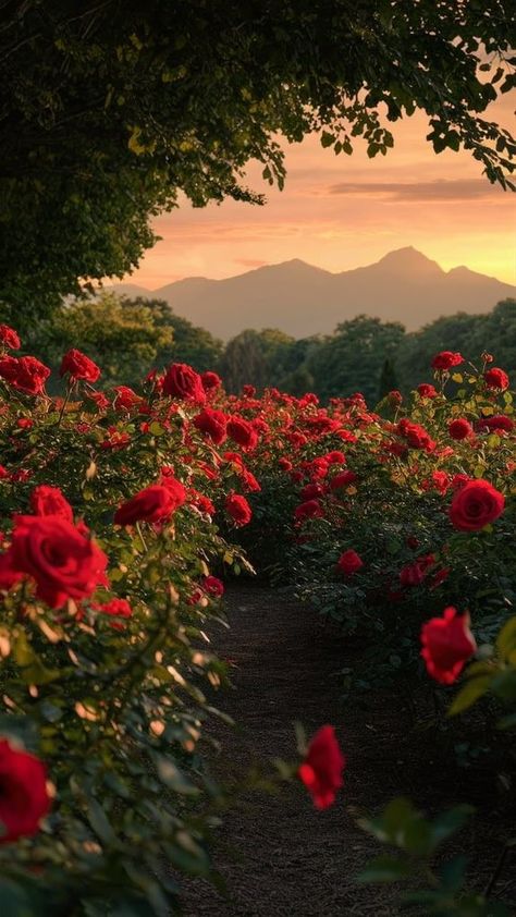 Rose Field Aesthetic, Red Rose Field, Roses Wallpaper Aesthetic, Drogon Game Of Thrones, Garden Of Lights, Magical Landscapes, Fantasy Nature, Sunset Rose, Photography Autumn