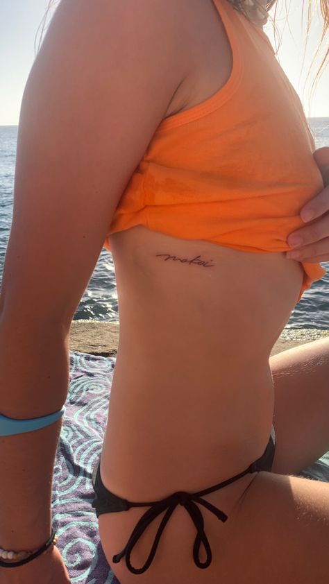 Hawaii tattoo, makai, ocean tattoo, to the ocean, small tattoo Hawaii Matching Tattoos, Hawaiian Words Tattoo, Tattoos In Hawaii, Hawaii Small Tattoo, Delicate Ocean Tattoo, Meaningful Ocean Tattoos, Simple Hawaii Tattoo, Hawaiian Word Tattoos, Dainty Hawaiian Tattoos