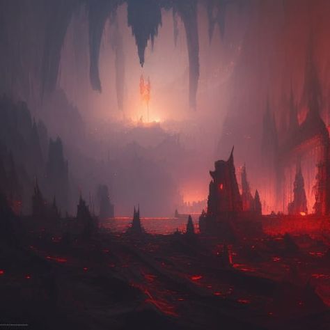 The fourth layer of the Nine Hells. A blazing desolation of fire and lava Lava Monster Concept Art, Lava World, Volcanic Wasteland, Hell Landscape, Lava Aesthetic, Dnd Party, Dragon Aesthetic, Dark Cave, Fantasy Town