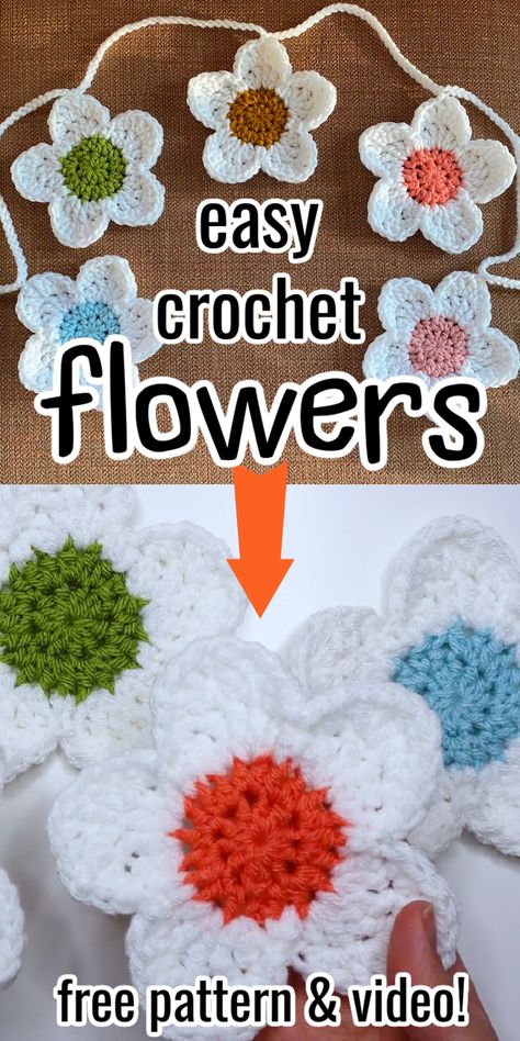 Crochet Flowers Free Pattern Flat, Free Flower Patterns Crochet, Beginner Crochet Flower Pattern Free, Flat Crochet Patterns Free, Diy Crochet Flowers Easy, Crochet Flower For Beginners, Crochet 5 Petal Flower, Crochet 2d Flowers Free Pattern, Easy Crochet Daisy Pattern Free