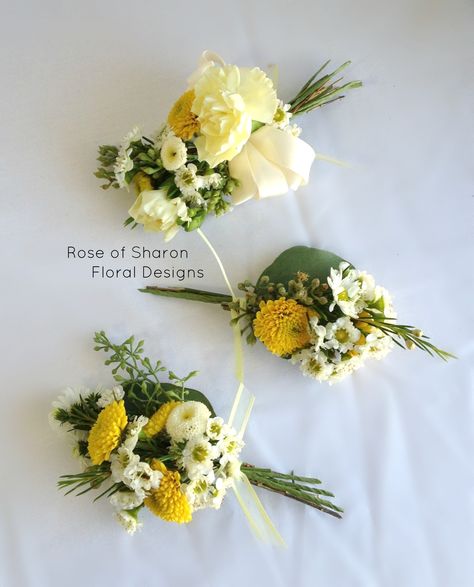 Wildflower boutonnieres and corsages.  Yellow and white. Yellow White Wedding, Yellow Boutonniere, Wildflower Bridal Bouquets, White Corsage, Yellow Wedding Bouquet, Yellow Carnations, Striped Wedding, 60 Wedding Anniversary, Corsage And Boutonniere