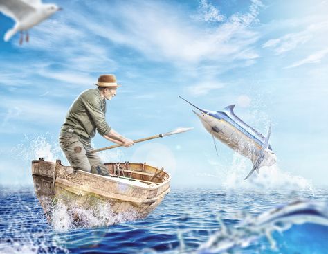 The Old Man And The Sea, Old Man Fishing, Man Fishing, Old Fisherman, Art Fish, Fish Illustration, School Study, Fish Man, Sea Fishing