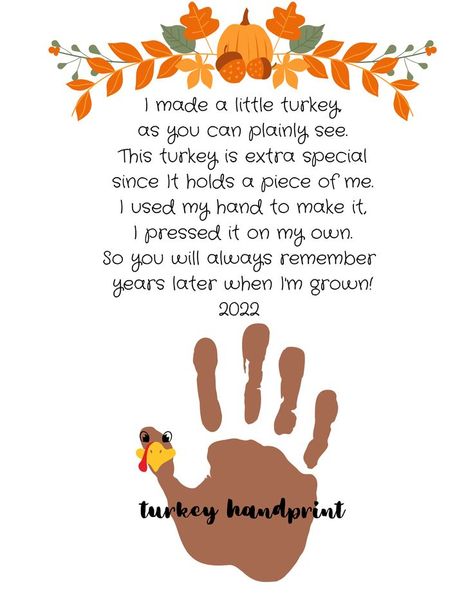 Just add the handprint to this sweet poem! Turkey Handprint Poem, Turkey Poem, Handprint Turkey, Thanksgiving Arts And Crafts, Handprint Poem, Turkey Crafts Kids, Thanksgiving Poems, Thanksgiving Activities Preschool, Thanksgiving Crafts For Toddlers