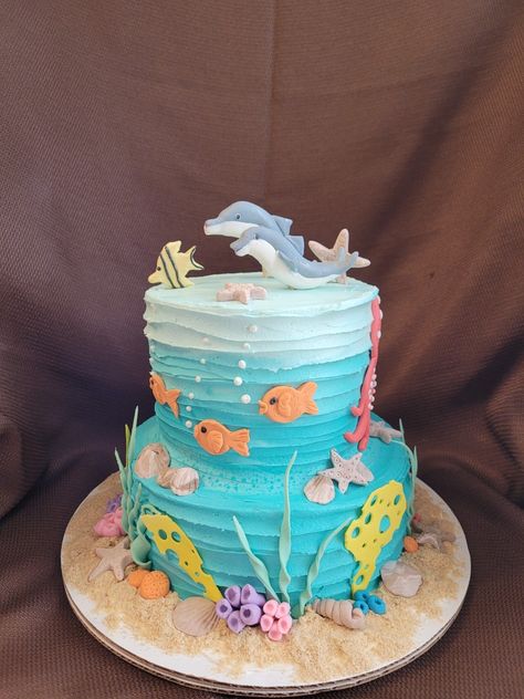 Tropical Fish Birthday Cake, Underwater Theme Cake, Sea Animals Cake, Under The Sea Birthday Cake, Turtle Pool, Fish Cake Birthday, Under The Sea Cake, 7th Birthday Cakes, Sea Cake