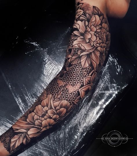 Peonies And Mandala Tattoo Design, Peony Tattoo Mandala, Mandela And Peony Tattoo, Inner Arm Tattoo Sleeve, Mandala Arm Sleeve, Peony Mandala Tattoo, Flower And Mandala Tattoo, Mandala Sleeve Tattoo, Mandala Tattoo Sleeve Women