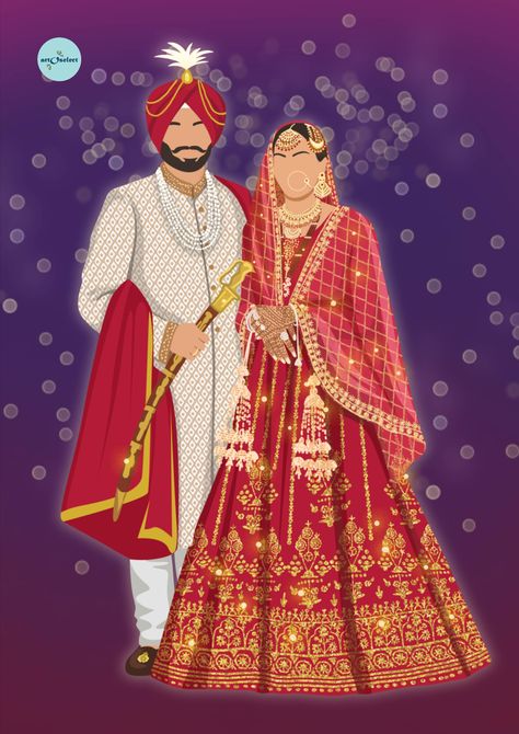 punjabi wedding art Sikh Couple Illustration, Wedding Couple Illustration, Groom Cartoon, Bridal Suits Punjabi, Couple Illustrations, Wedding Illustration Card, Couple Illustration Wedding, Bride And Groom Cartoon, Royal Wedding Invitation