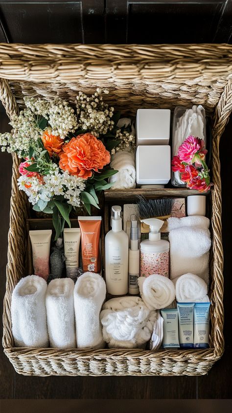 A beautifully arranged wedding bathroom basket filled with toiletries, first aid items, mints, and sewing kits to keep guests comfortable and happy. Bathroom Basket For Wedding, Wedding Bathroom Basket Ideas, Bathroom Basket Ideas, Wedding Bathroom Decor, Guest Room Baskets, Basket For Wedding, Guest Bathroom Essentials, Guest Basket, Bathroom Basket Wedding