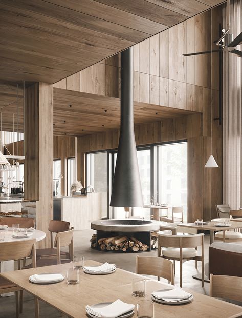 COFFEEMANIA PROJECT :: Behance Scandinavian Fireplace, Resort Interior Design, Suspended Fireplace, Indoor Fire Pit, Hanging Fireplace, Scandinavian Architecture, Soft Minimalism, Art Furniture Design, 3d Image