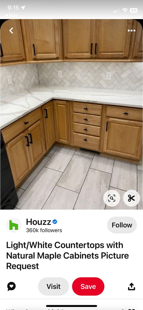 Marble Countertops With Wood Cabinets, Maple Cabinets With White Countertops, Honey Oak Cabinets Countertops, Honey Oak Cabinets, White Counters, Maple Cabinets, Interior Design Color, Honey Oak, Cabinets And Countertops