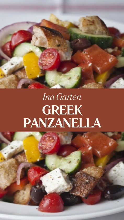 Ina Garten Greek Panzanella Greek Antipasto Salad, Ina Garten Panzanella Salad, Greek Potluck Ideas, Greek Dinner Party Menu Ideas, Greek Sides Dishes, Greek Appetizers Easy, Greek Side Dishes, Greek Recipes Easy, Greek Bread