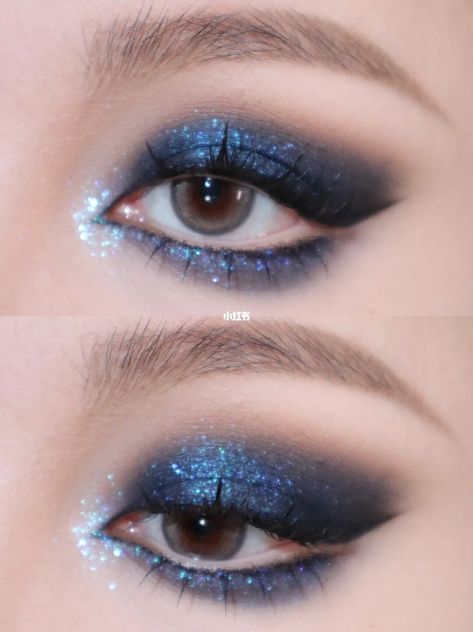 Eyeshadow look collection Dark Blue Glitter Eye Makeup, Silver And Blue Eyeshadow Looks, Nighttime Eyeshadow Looks, Blue Sparkly Eyeshadow Looks, Dark Blue And Silver Eyeshadow, Dark Blue And Black Eyeshadow, Navy Blue Glitter Eye Makeup, Dark Blue Homecoming Makeup, Navy Blue And Black Makeup