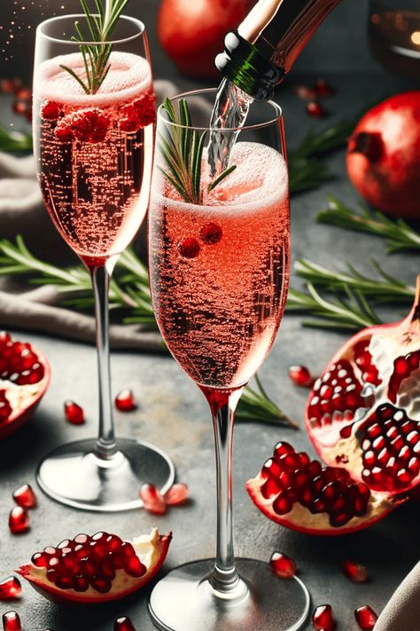 Champagne With Fruit, Holiday Cocktail Aesthetic, Elegant Drinks Aesthetic, Pomegranate Mimosa Recipe, Merry Mimosa Bar, Pomegranate Holiday Cocktails, Champagne Thanksgiving Drink, Winter Mimosas, Holiday Mimosa Bar