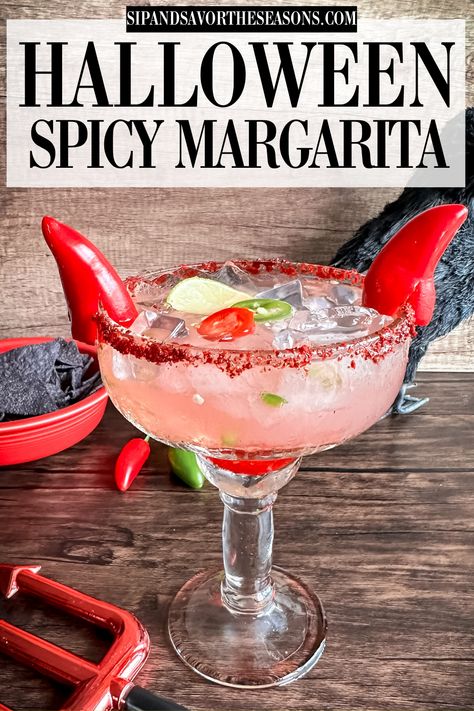 Halloween Spicy Margarita, Halloween Margarita Recipe, Spooky Margaritas, Devils Margarita, Fall Margarita Recipe, Halloween Margaritas, Alc Drinks, Red Margarita, Fall Margarita