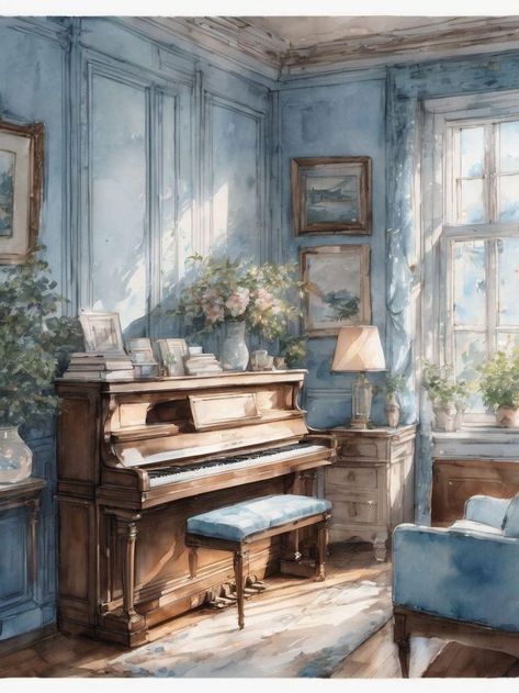 Vintage Bedroom Drawing, Vintage Piano Room, Bedroom Ideas Aesthetic Vintage, Blue Vintage Bedroom, Vintage Blue Bedroom, Cottage Core Bedrooms, Interior Design Watercolor, Light Blue Color Scheme, Piano Watercolor