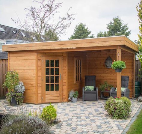 Summerhouse P5L - Customization possible | Lugarde Canopy Corner, Corner Sheds, Bungalow Ideas, Garden Escape, Office Shed, Garden Cabins, Corner Door, Kitchen Design Pictures, Summer House Garden