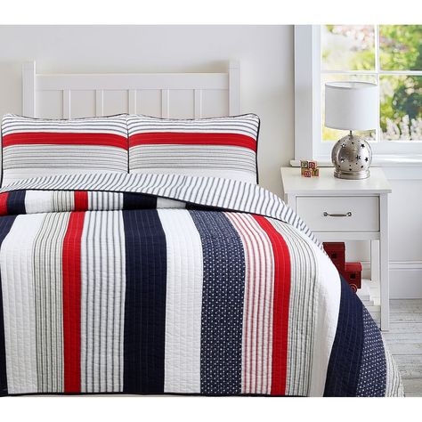 Cozy Line Liberty Patriotic Stripes Reversible Red Blue White Striped Patchwork Cotton Quilt Bedding Set - Bed Bath & Beyond - 37147681 Twin Beds For Boys, Boys Bedding, Red Blue White, Teen Bedding, Queen Bedding Sets, Twin Quilt, Quilt Set, Reversible Quilt, Queen Quilt